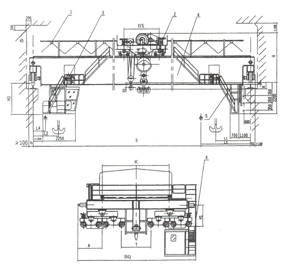 QD型吊鉤橋式起重機外形尺寸圖（125/32、160/50、200/50、250/50噸）