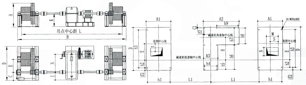 QH單繩三支點(diǎn)系列弧形門(mén)卷?yè)P(yáng)式啟閉機(jī)外形及基礎(chǔ)布置示意圖.jpg